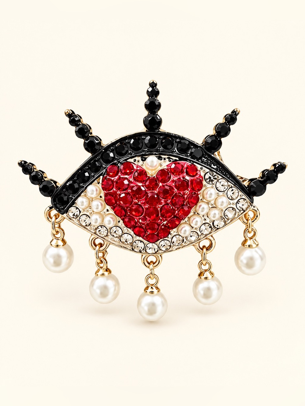 Art Deco Eyes Red Heart Pearl Crystal Brooch